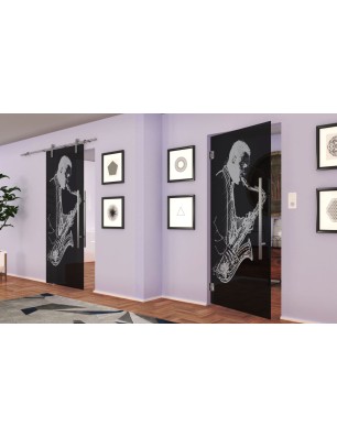 Pendeltür Saksofonist Gelasert Auf Grauglas