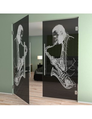 Pendeltür Saksofonist Gelasert Auf Grauglas