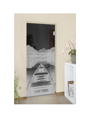 Pendeltür Boot Gelasert Auf Grauglas