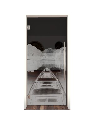 Pendeltür Boot Gelasert Auf Grauglas