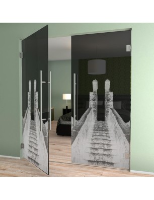 Pendeltür Treppe Gelasert Auf Grauglas