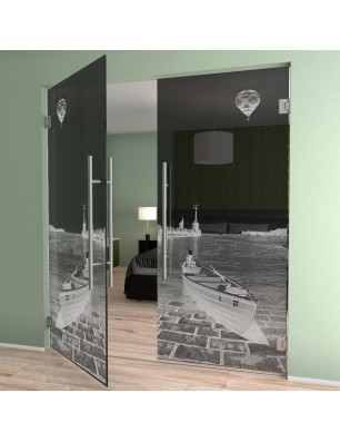 Pendeltür Boot 4 Gelasert Auf Grauglas