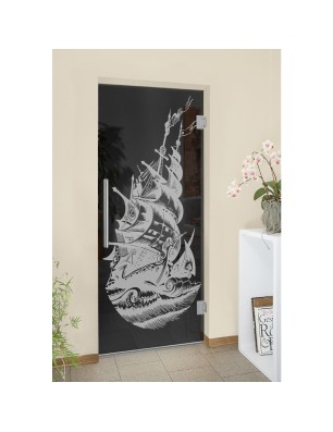 Pendeltür Segelschiff Gelasert Auf Grauglas