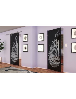 Pendeltür Segelschiff Gelasert Auf Grauglas