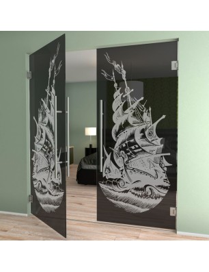 Pendeltür Segelschiff Gelasert Auf Grauglas