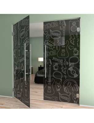 Pendeltür Rock and Roll Gelasert Auf Grauglas