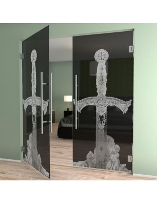 Pendeltür Excalibur Gelasert Auf Grauglas