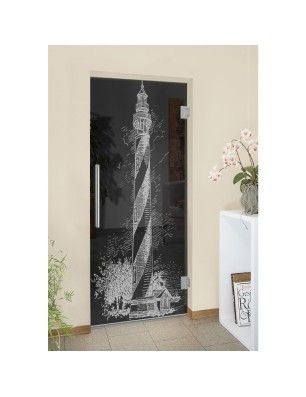 Pendeltür Leuchtturm Gelasert Auf Grauglas