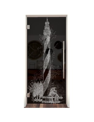 Pendeltür Leuchtturm Gelasert Auf Grauglas