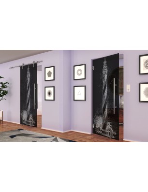 Pendeltür Leuchtturm Gelasert Auf Grauglas