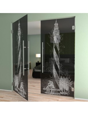 Pendeltür Leuchtturm Gelasert Auf Grauglas