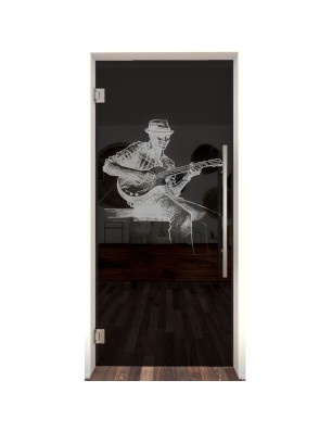 Pendeltür Gitarist Gelasert Auf Grauglas