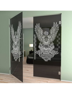 Pendeltür Biker Gelasert Auf Grauglas