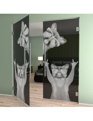 Pendeltür Waschbären Gelasert Auf Grauglas