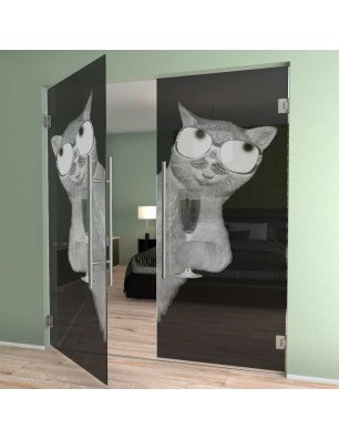 Pendeltür Drinking Cat Gelasert Auf Grauglas