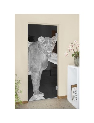 Pendeltür Löwin Gelasert Auf Grauglas