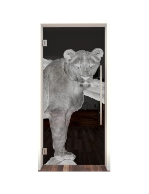 Pendeltür Löwin Gelasert Auf Grauglas