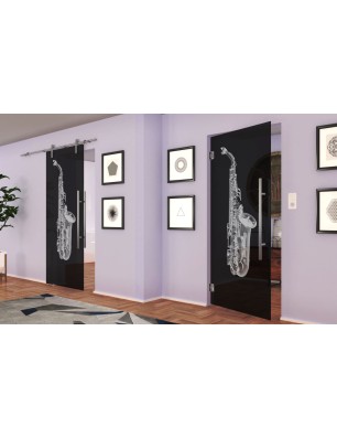 Pendeltür Saksofon Gelasert Auf Grauglas