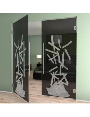 Pendeltür Pommes Gelasert Auf Grauglas