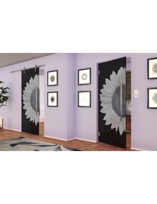 Pendeltür Sonnenblume Gelasert Auf Grauglas