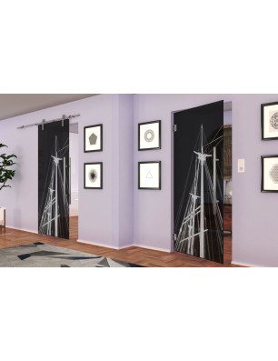 Pendeltür Dreimaster Gelasert Auf Grauglas