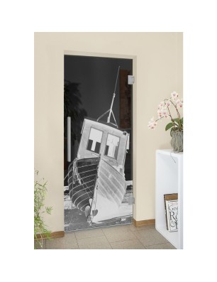 Pendeltür Fischerboot Gelasert Auf Grauglas