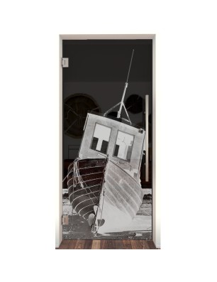 Pendeltür Fischerboot Gelasert Auf Grauglas