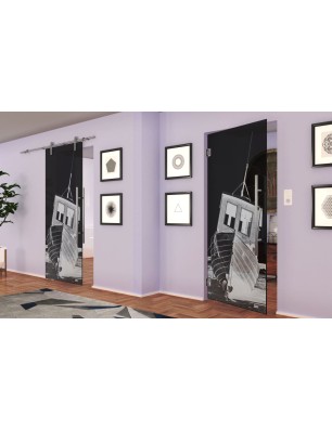 Pendeltür Fischerboot Gelasert Auf Grauglas