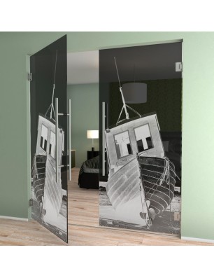 Pendeltür Fischerboot Gelasert Auf Grauglas