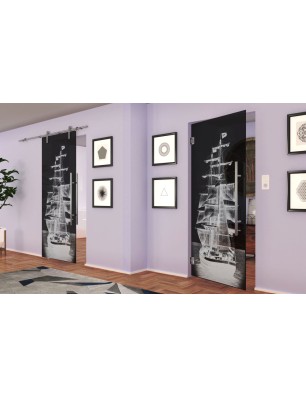 Pendeltür Segelschiff II Gelasert Auf Grauglas