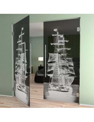Pendeltür Segelschiff II Gelasert Auf Grauglas