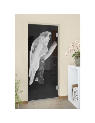 Pendeltür Pappagei Gelasert Auf Grauglas