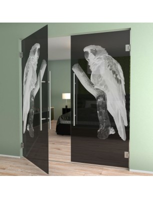 Pendeltür Pappagei Gelasert Auf Grauglas