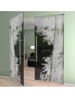 Pendeltür Wald Gelasert Auf Grauglas