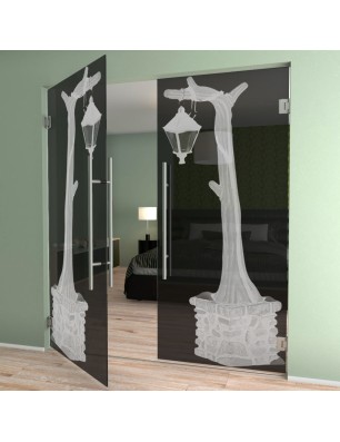 Pendeltür Baum 2 Gelasert Auf Grauglas