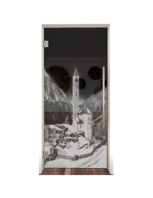 Pendeltür Alpen Gelasert Auf Grauglas