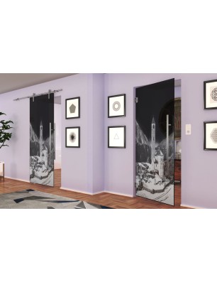 Pendeltür Alpen Gelasert Auf Grauglas