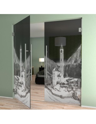 Pendeltür Alpen Gelasert Auf Grauglas