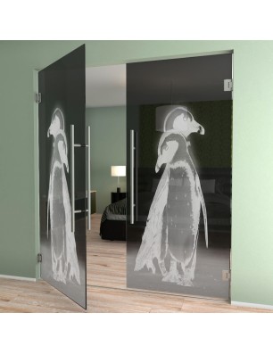 Pendeltür Pinguine Gelasert Auf Grauglas