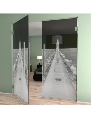 Pendeltür Wellenbrecher Gelasert Auf Grauglas