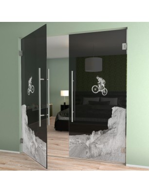 Pendeltür Biker 2 Gelasert Auf Grauglas