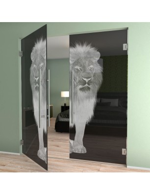 Pendeltür Löwe Gelasert Auf Grauglas