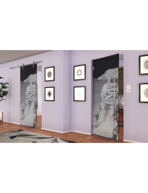 Pendeltür Mediteranes Dorf Gelasert Auf Grauglas