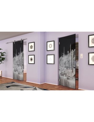 Pendeltür Hafen Gelasert Auf Grauglas