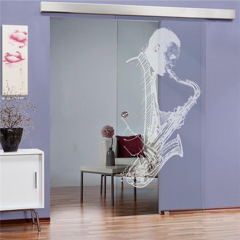Glasschiebetür ECO-LINE Saksofonist Gelasert Auf Klarglas Glasschiebetür ECO-LINE Saksofonist Gelasert Auf Klarglas