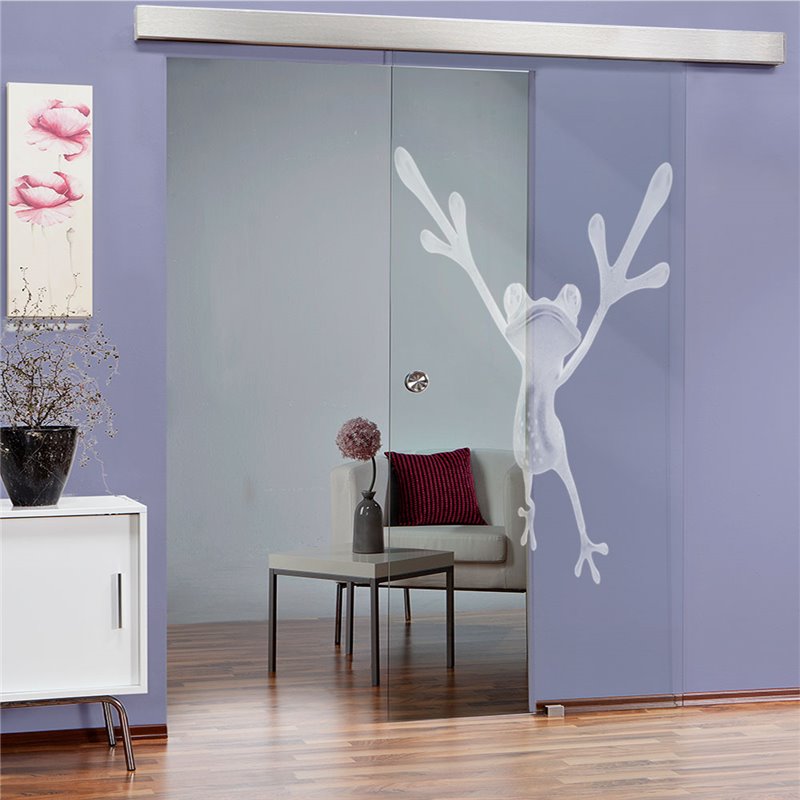Glasschiebetür ECO-LINE Crazy Frog Gelasert Auf Klarglas Glasschiebetür ECO-LINE Crazy Frog Gelasert Auf Klarglas