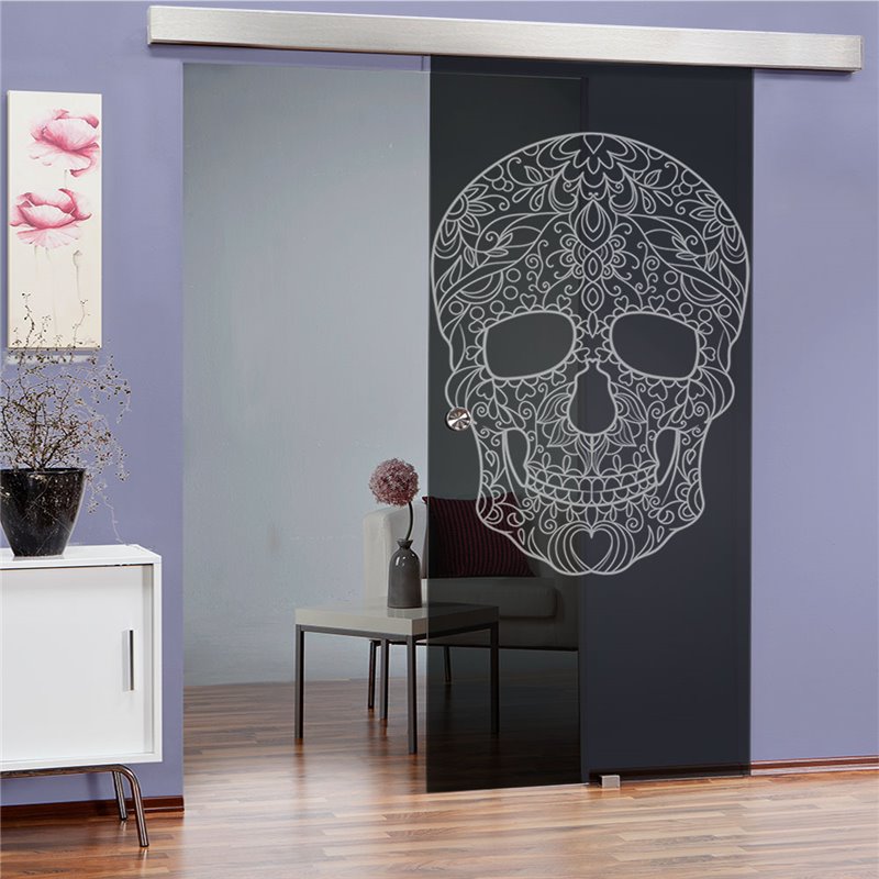 Glasschiebetür ECO-LINE Skull 3 Gelasert Auf Grauglas