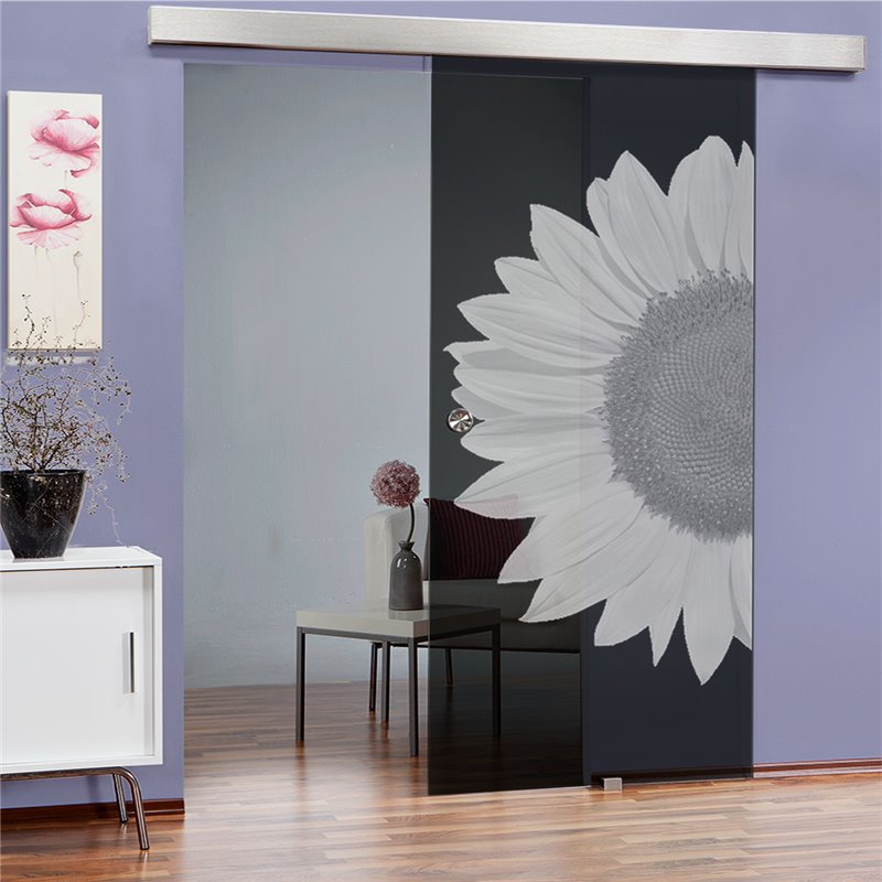 Glasschiebetür ECO-LINE Sonnenblume Gelasert Auf Grauglas Glasschiebetür ECO-LINE Sonnenblume Gelasert Auf Grauglas