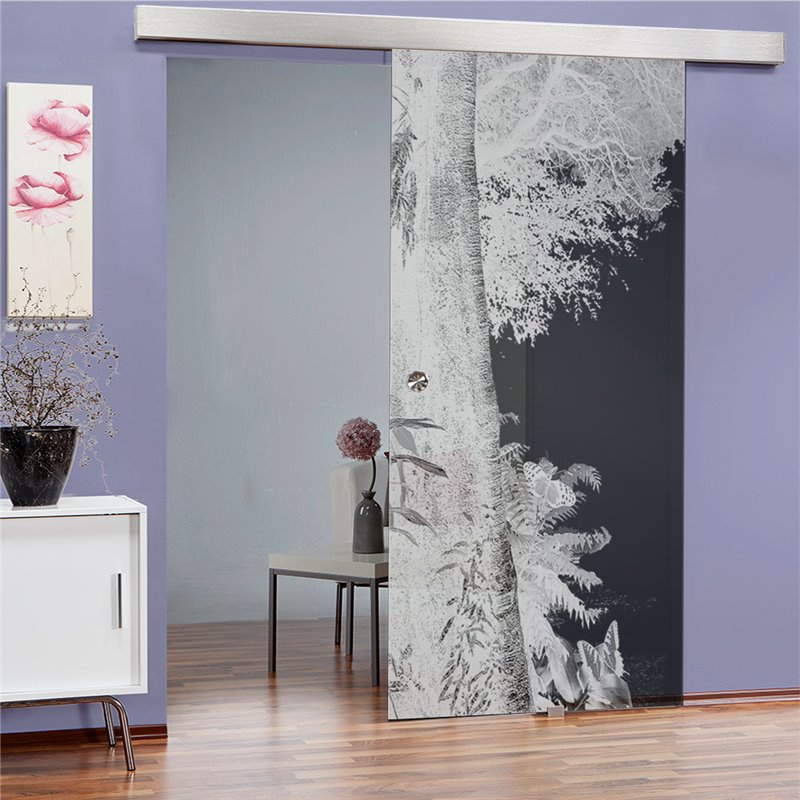 Glasschiebetür ECO-LINE Wald Gelasert Auf Grauglas Glasschiebetür ECO-LINE Wald Gelasert Auf Grauglas