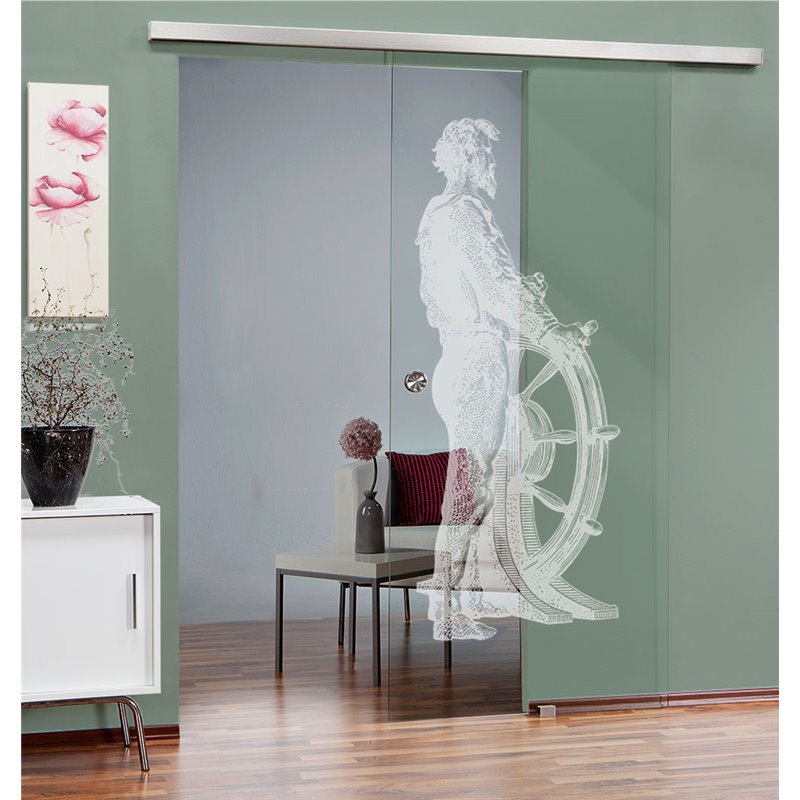 Glasschiebetür SLIM-LINE Kapitän II Gelasert Auf Klarglas Glasschiebetür SLIM-LINE Kapitän II Gelasert Auf Klarglas
